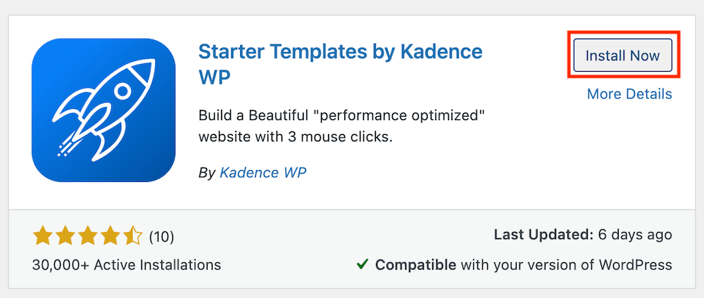 Kadence starter template activeren