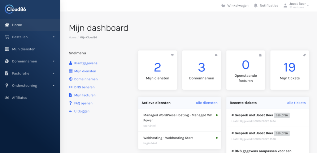 Cloud86 klantendashboard