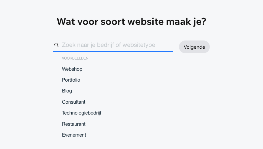 Wix vraagt wat voor soort website je wilt maken