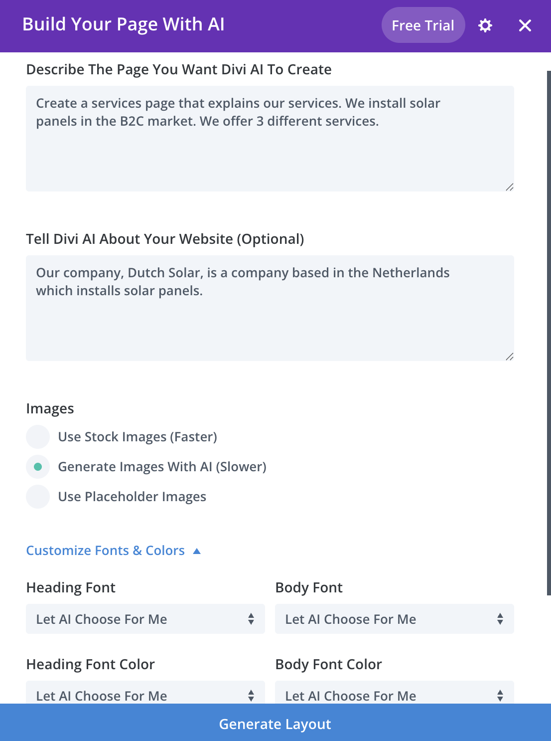 Divi AI pagina generator