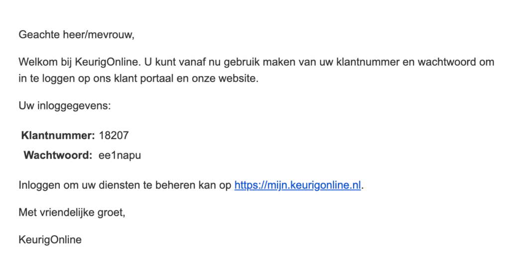 KeurigOnline klantnummer en wachtwoord per email