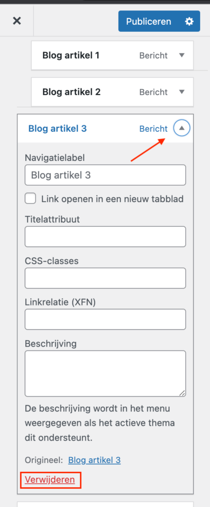 WordPress menu item verwijderen