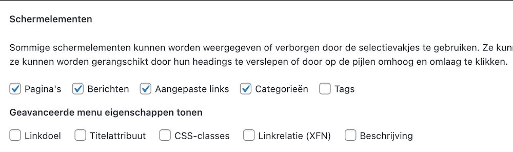 WordPress menu schermelementen