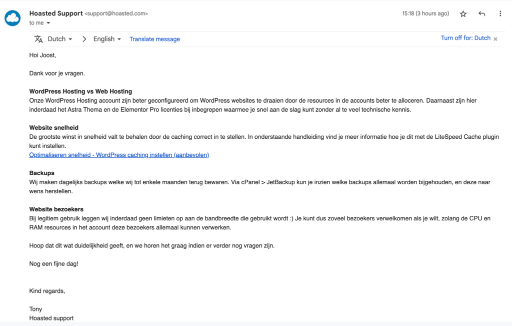 Hoasted klantenservice antwoord