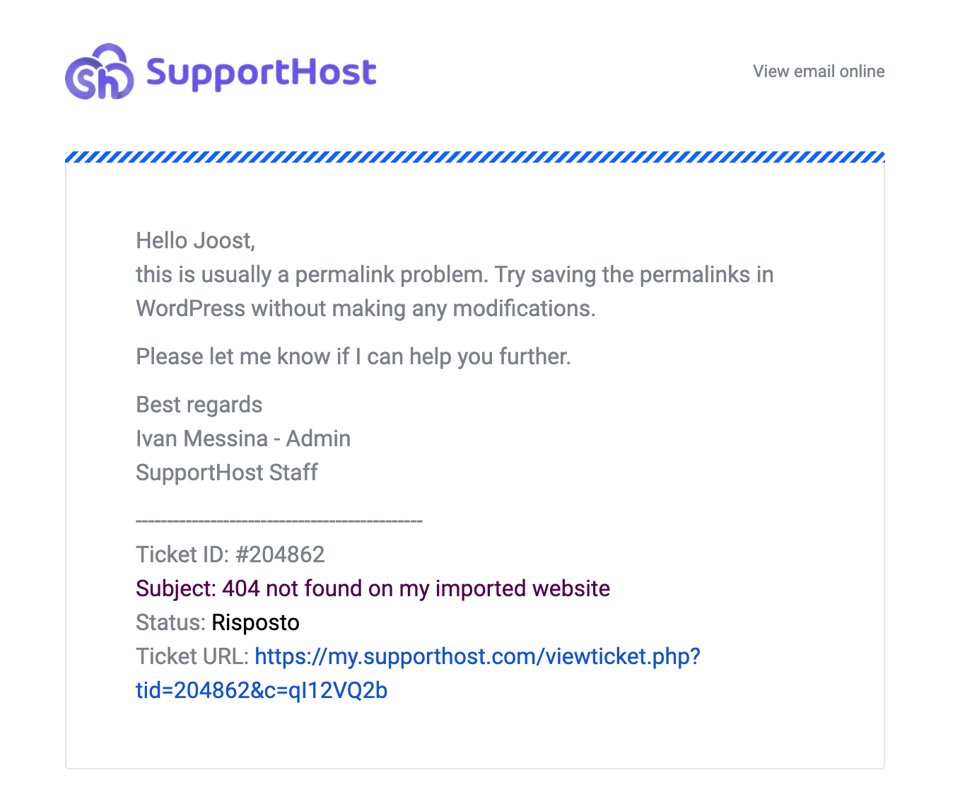 SupportHost klantenservice ticket