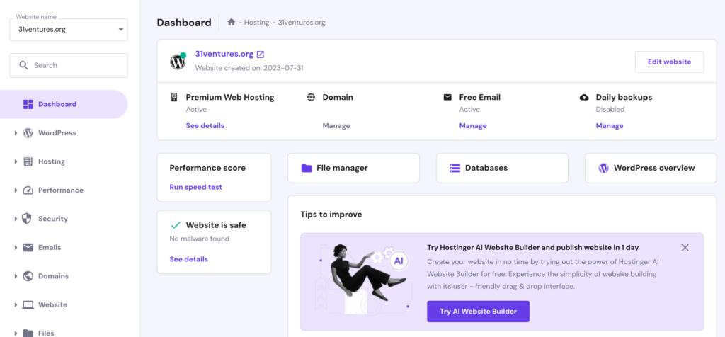Hostinger hPanel dashboard