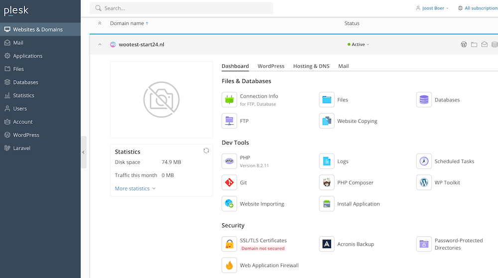 Snel.com Plesk dashboard