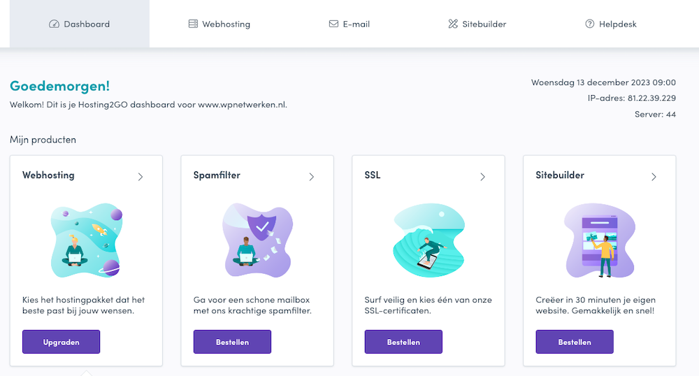 Dashboard Hosting2GO