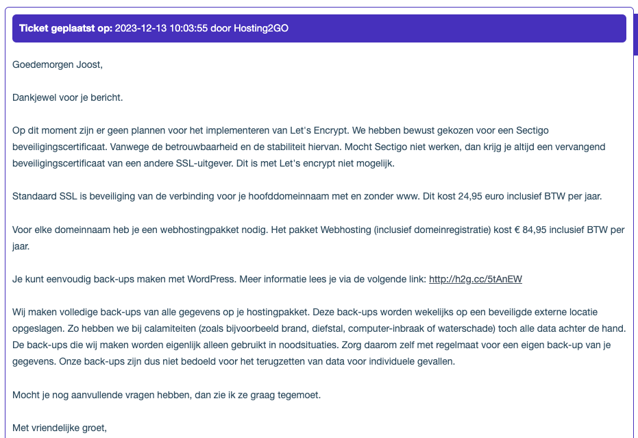 Hosting2GO antwoord klantenservice