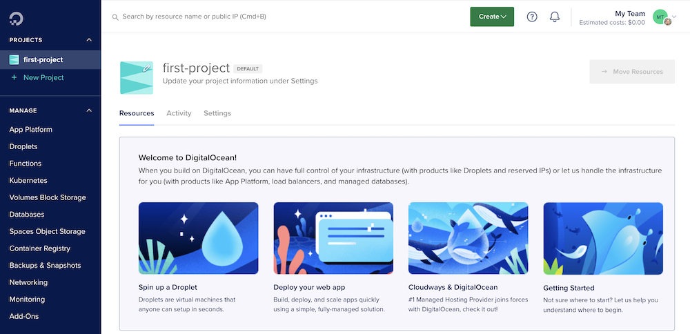 DigitalOcean dashboard