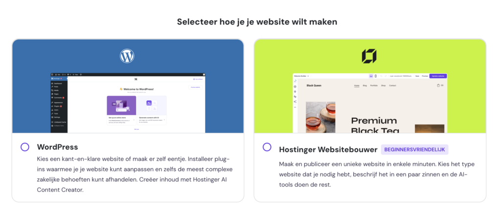 Bij Hostinger kiezen voor de soort website: WordPress of de websitebouwer. 
