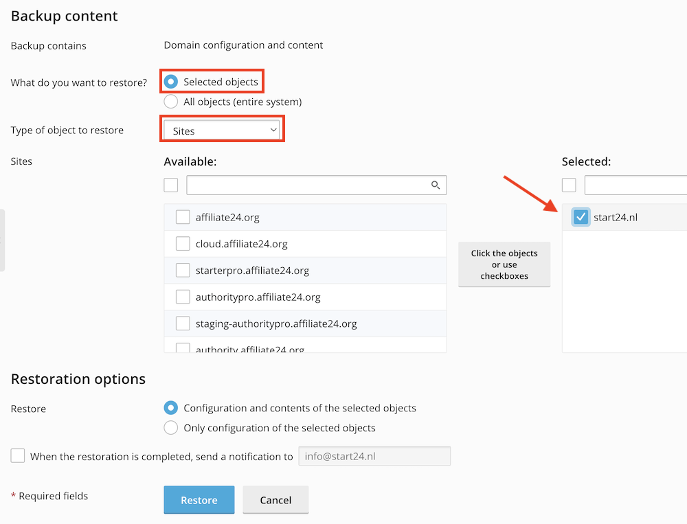 Specifieke site herstellen.