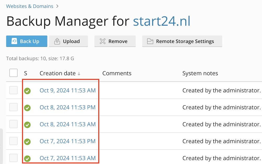 Backups gemaakt via Plesk.