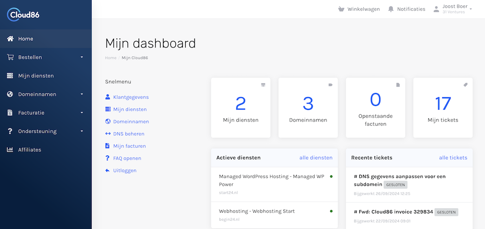 Cloud86 dashboard.