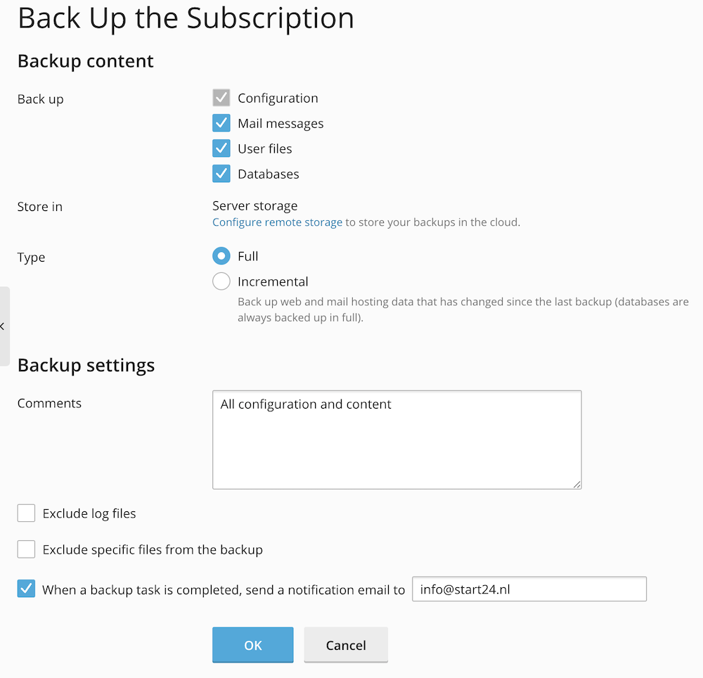 Handmatige backup instellingen.