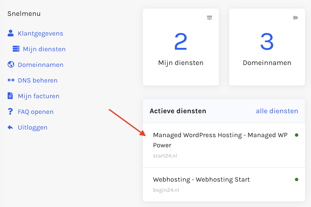 Hosting pakket selecteren in Cloud86 dashboard.