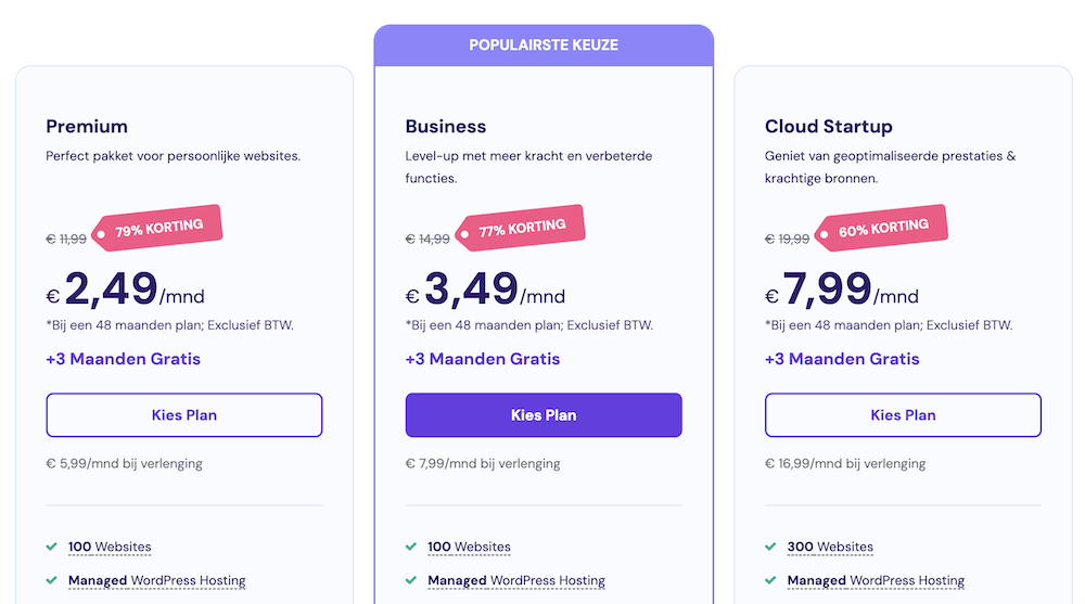 Hostinger pakketten op homepage. 