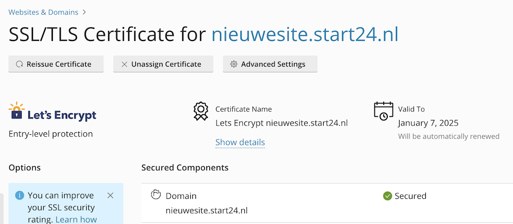SSL certificaat geinstalleerd.