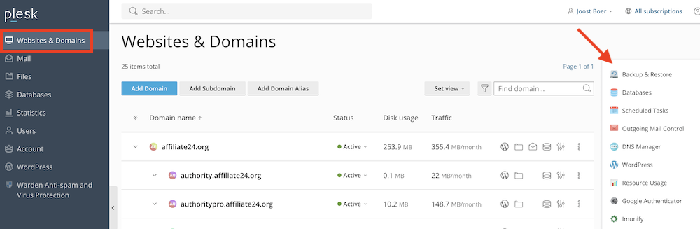Backup & Restore in Plesk.