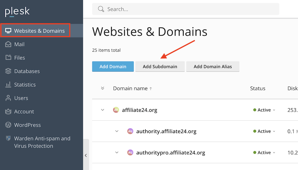 Subdomein toevoegen.