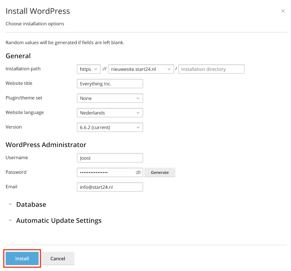 WordPress installeren met Plesk.