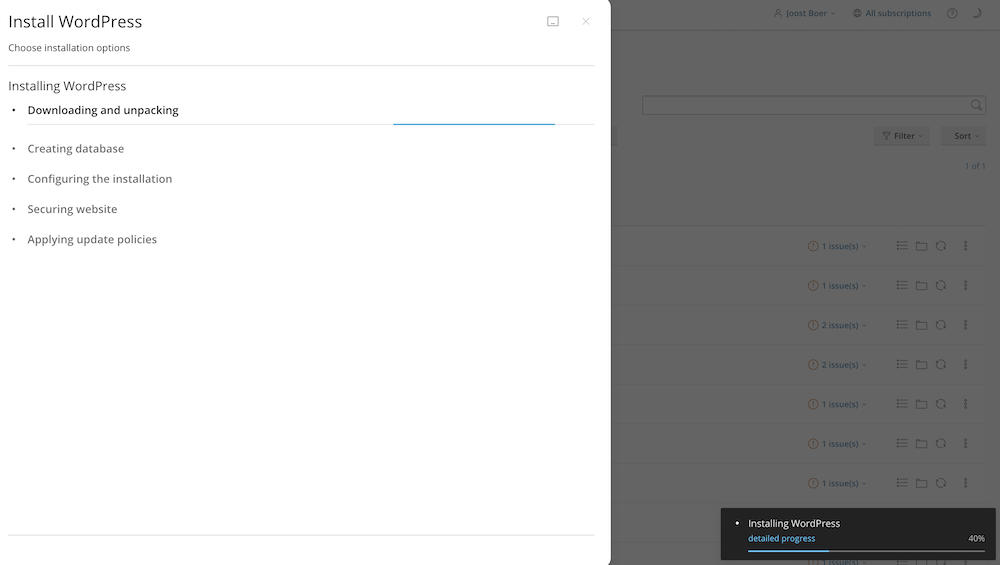 WordPress installatie voortgang.