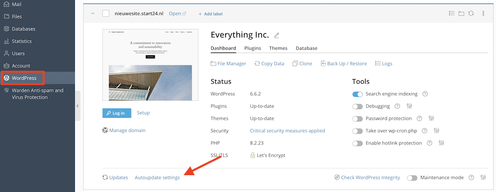 WordPress site in Plesk.