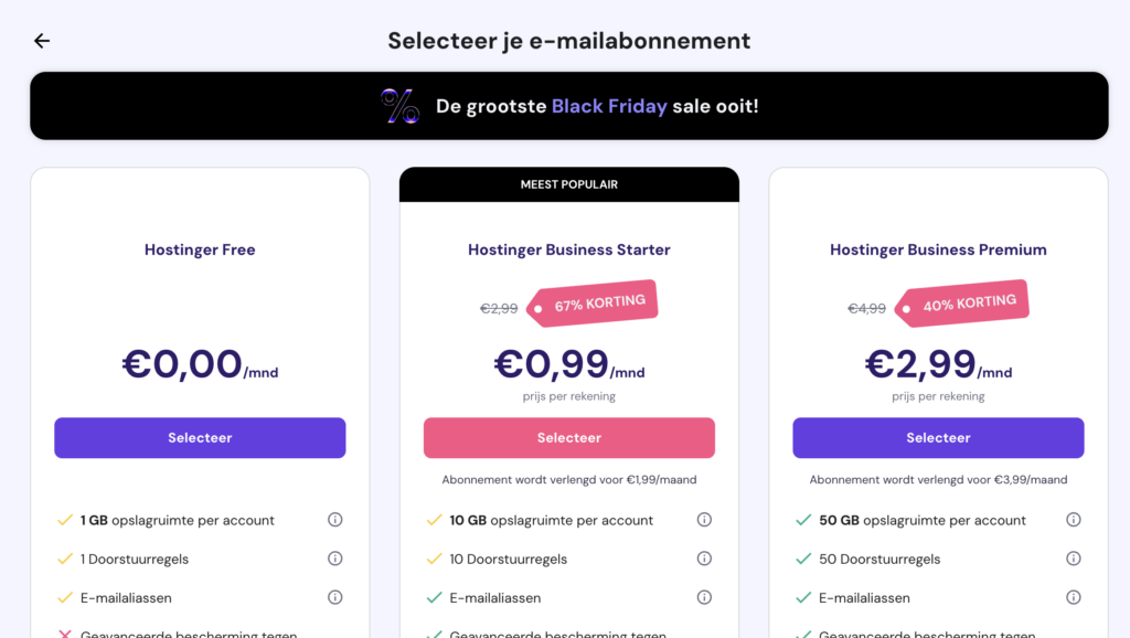 Hostinger email pakketten. 