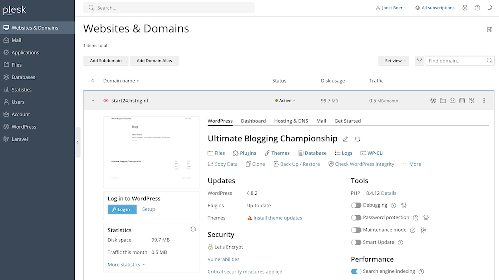 Hosting.nl Plesk dashboard