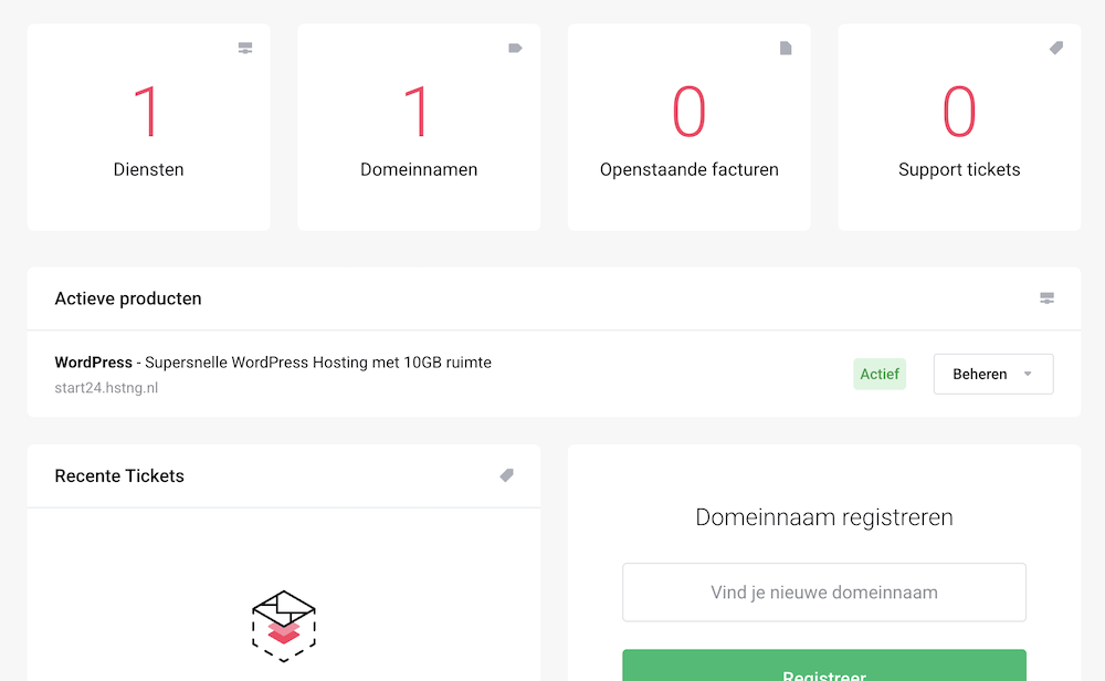 Hosting.nl dashboard