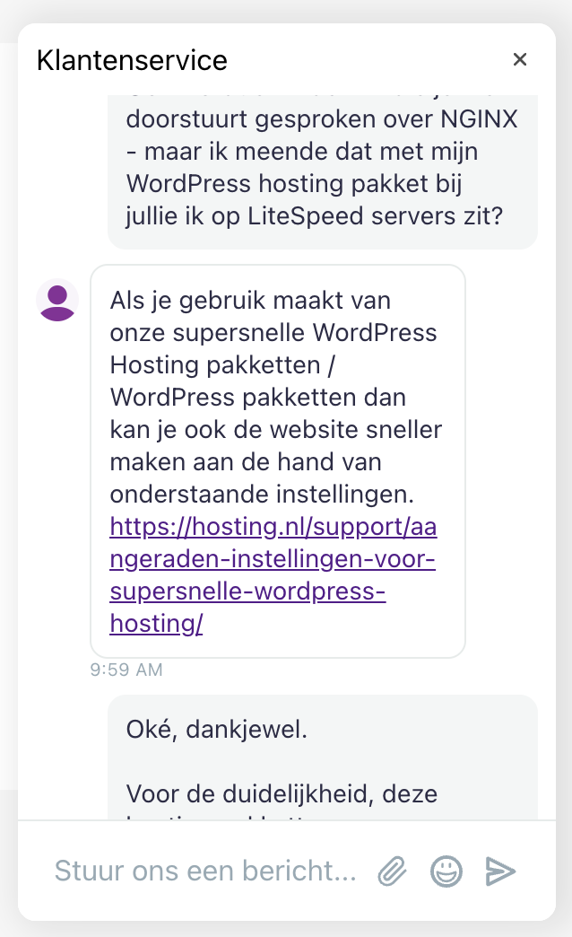 Hosting.nl live chat screenshot