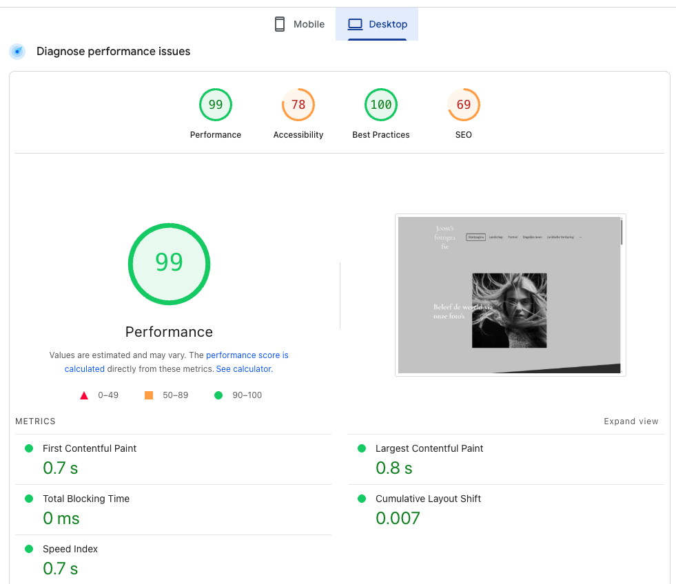 STRATO Sitebuilder PageSpeed score desktop