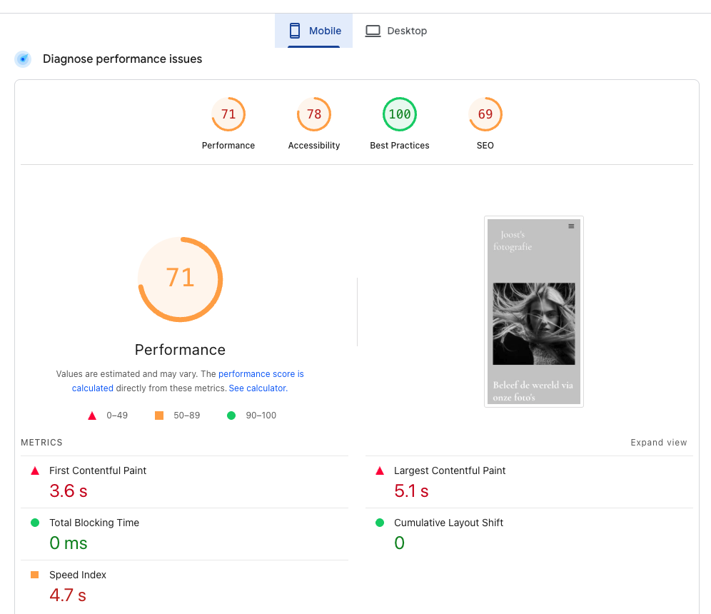 STRATO Sitebuilder PageSpeed score mobiel