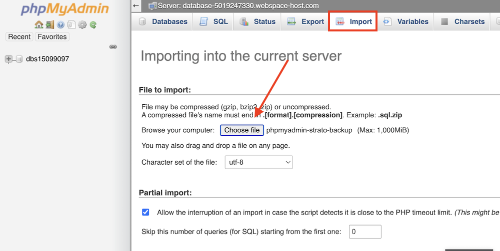 phpMyAdmin backup importeren